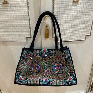 Embroidered Black and Multicolor Tote Bag